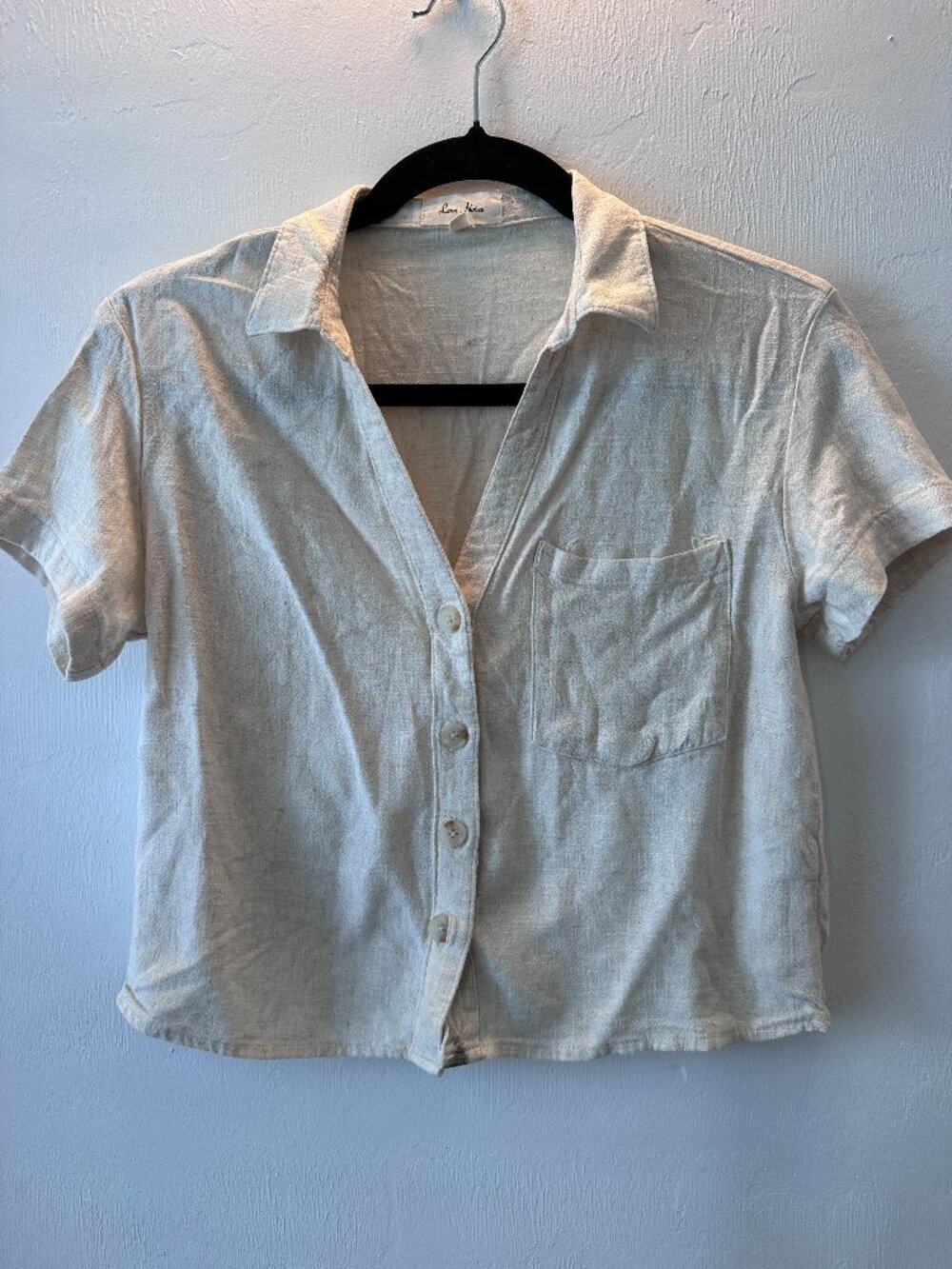 Love Notes Beige Linen Blend Cropped Button Down Shirt S
